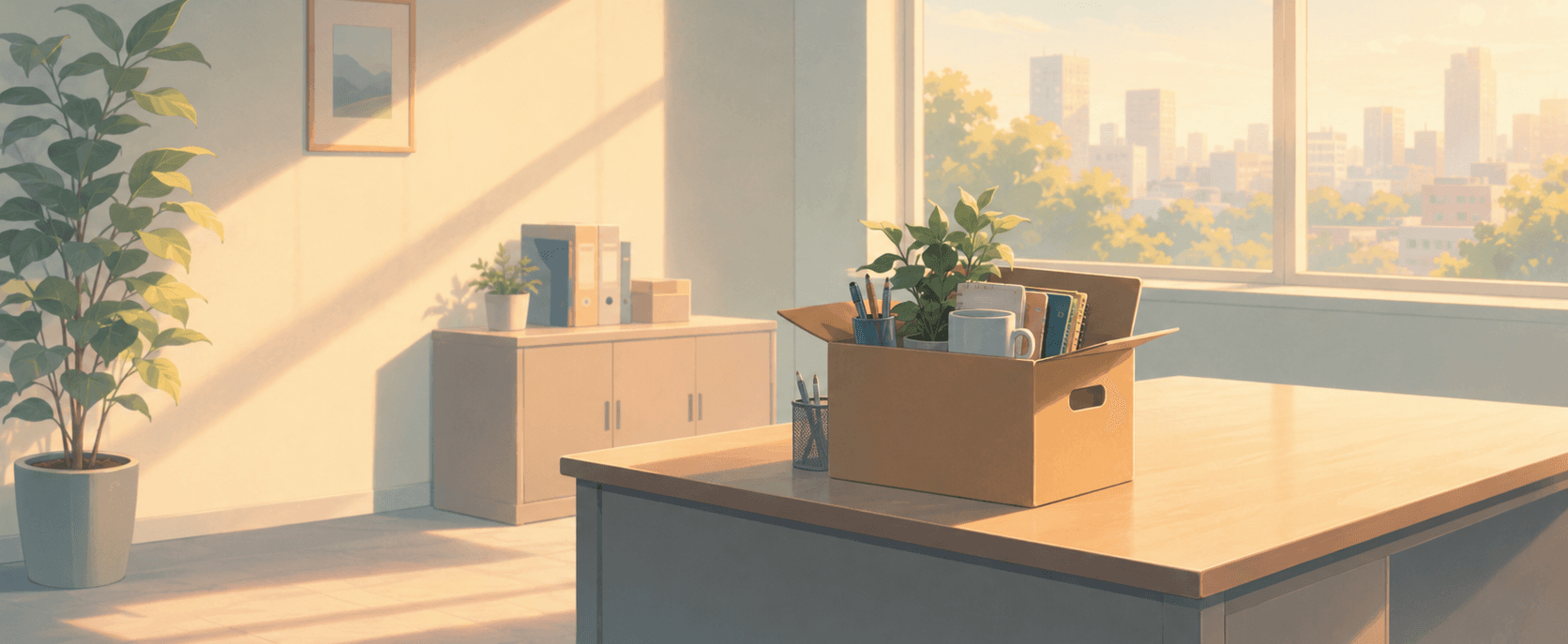 Sunlit office with a packed cardboard box