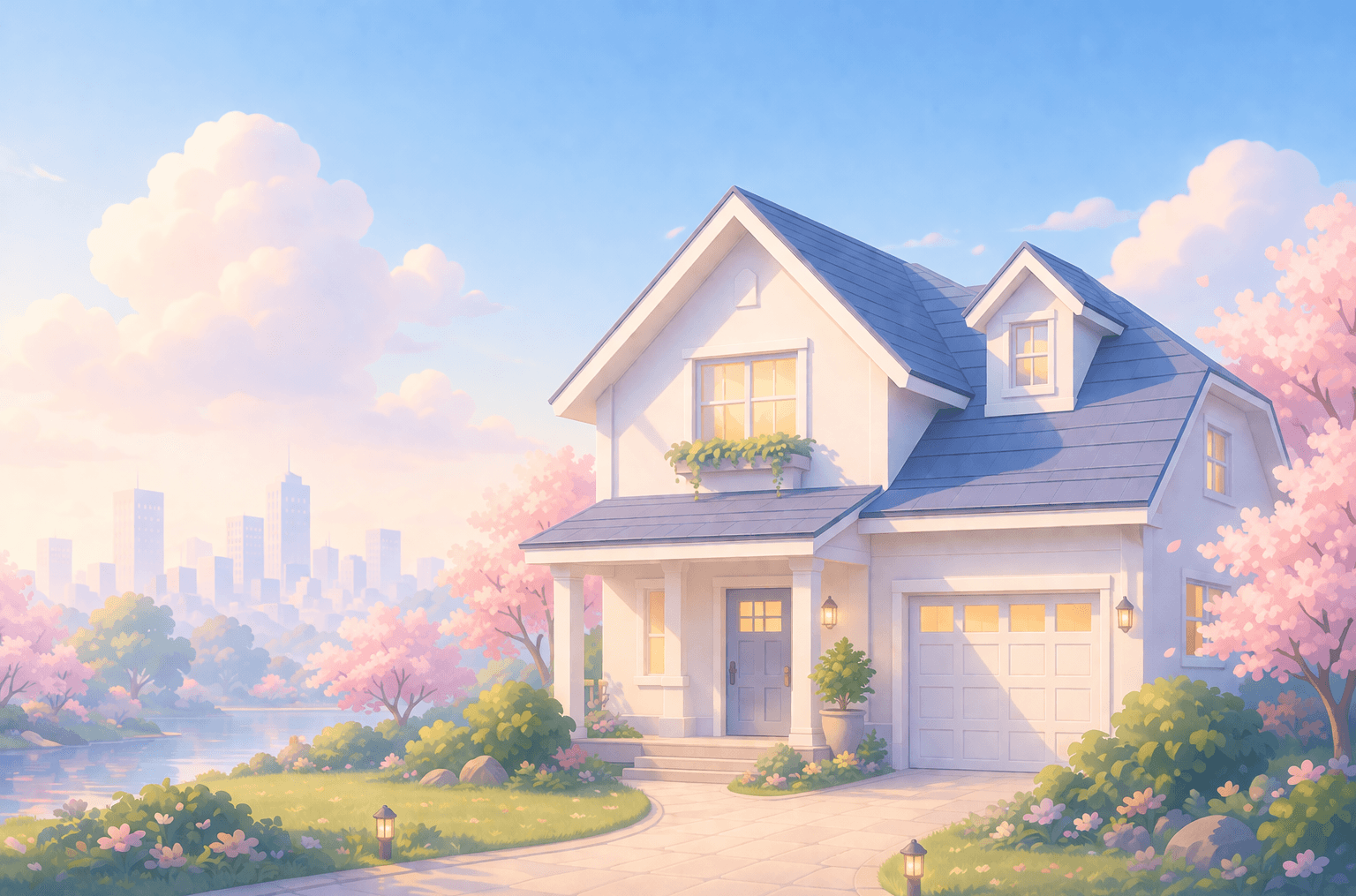 Two-story suburban home with cherry-blossom front yard