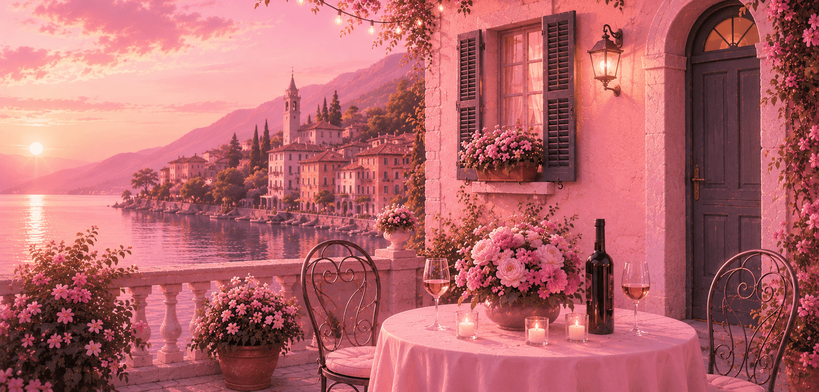 Italian villa wall with bougainvillea and lanterns at dusk