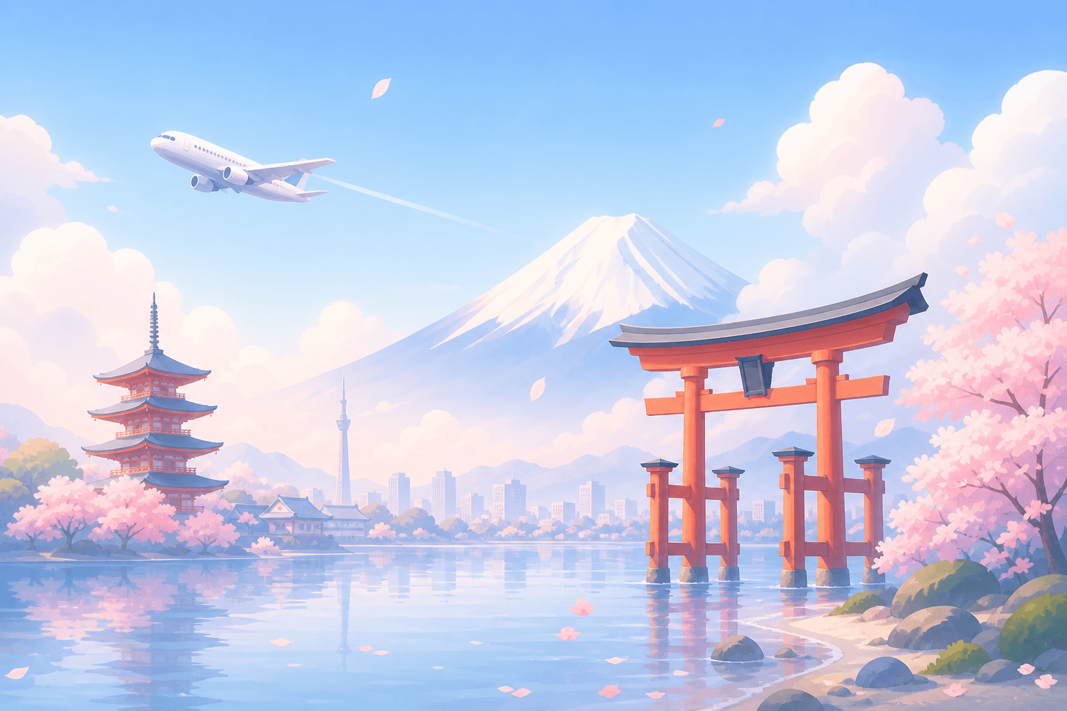 Plane flying past Mount Fuji and a Japanese pagoda