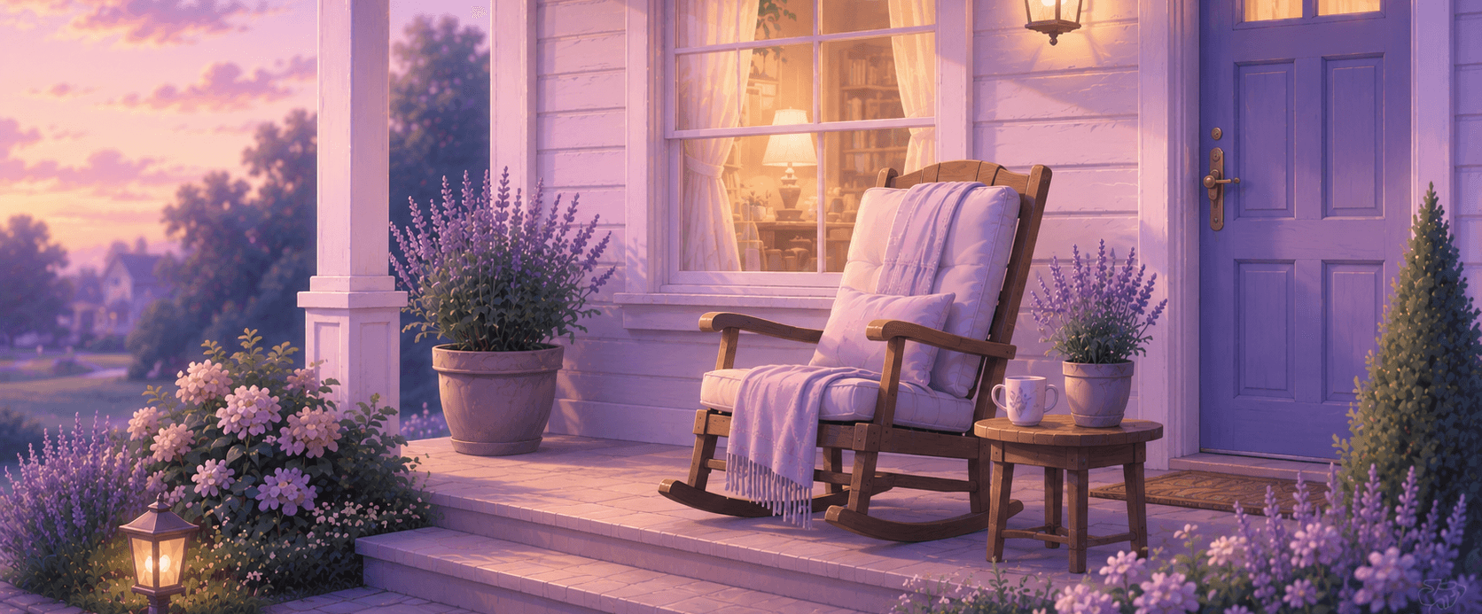 Quiet sunset porch with a rocking chair and lavender pots