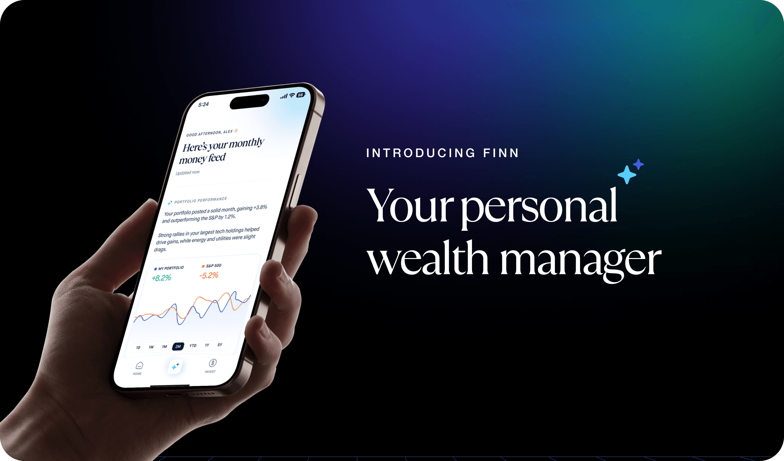 Finn mobile app showing portfolio performance, introducing your personal wealth manager